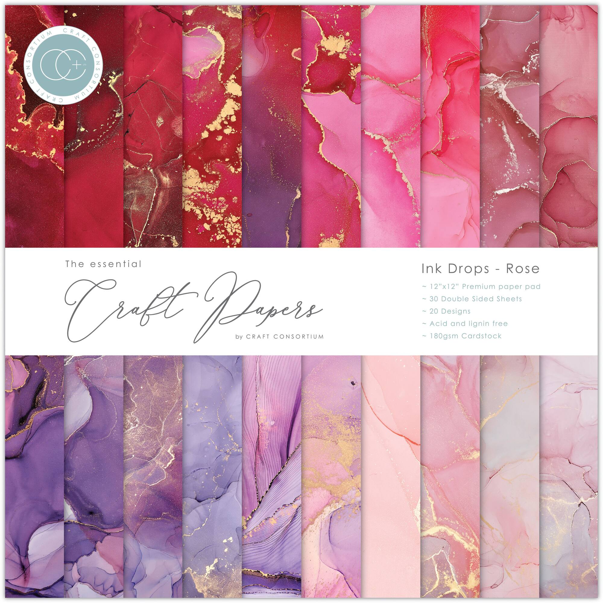 Craft Consortium Double-Sided Paper Pad 12" x 12" 30 ct. Ink Drops - Rose, 20 Designs